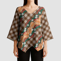 Polynesian Monstera Tiare Floral Kimono Sleeve Blouse Chocolate Brown Tropical Plaid LT01 - Polynesian Pride