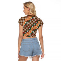 Polynesian Monstera Tiare Floral Raglan Cropped T Shirt Chocolate Brown Tropical Plaid - Polynesian Pride