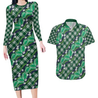 Polynesian Monstera Tiare Floral Couples Matching Long Sleeve Bodycon Dress and Hawaiian Shirt Forest Green Tropical Plaid LT01 Green - Polynesian Pride