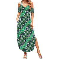 Polynesian Monstera Tiare Floral Family Matching Summer Maxi Dress and Hawaiian Shirt Forest Green Tropical Plaid LT01 Mom's Dress Green - Polynesian Pride