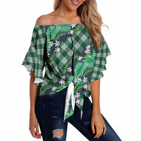 Polynesian Monstera Tiare Floral Off Shoulder Wrap Waist Top Forest Green Tropical Plaid LT01 - Polynesian Pride