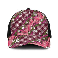 Polynesian Monstera Tiare Floral Baseball Net Cap Fuchsia Tropical Plaid - Polynesian Pride