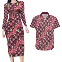 Polynesian Monstera Tiare Floral Couples Matching Long Sleeve Bodycon Dress and Hawaiian Shirt Fuchsia Tropical Plaid LT01 Pink - Polynesian Pride