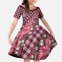 Polynesian Monstera Tiare Floral Family Matching Off The Shoulder Long Sleeve Dress and Hawaiian Shirt Fuchsia Tropical Plaid LT01 Daughter's Dress Pink - Polynesian Pride