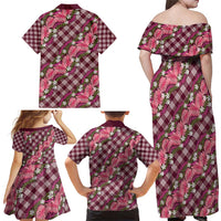 Polynesian Monstera Tiare Floral Family Matching Off Shoulder Maxi Dress and Hawaiian Shirt Fuchsia Tropical Plaid LT01 - Polynesian Pride