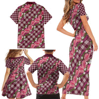 Polynesian Monstera Tiare Floral Family Matching Short Sleeve Bodycon Dress and Hawaiian Shirt Fuchsia Tropical Plaid LT01 - Polynesian Pride