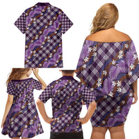 Polynesian Monstera Tiare Floral Family Matching Off Shoulder Short Dress and Hawaiian Shirt Lavender Tropical Plaid LT01 - Polynesian Pride