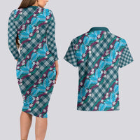 Polynesian Monstera Tiare Floral Couples Matching Long Sleeve Bodycon Dress and Hawaiian Shirt Dark Teal Tropical Plaid LT01 - Polynesian Pride