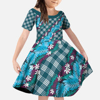 Polynesian Monstera Tiare Floral Family Matching Mermaid Dress and Hawaiian Shirt Dark Teal Tropical Plaid LT01 Daughter's Dress Teal - Polynesian Pride