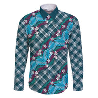Polynesian Monstera Tiare Floral Family Matching Off The Shoulder Long Sleeve Dress and Hawaiian Shirt Dark Teal Tropical Plaid LT01 Dad's Shirt - Long Sleeve Teal - Polynesian Pride