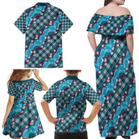 Polynesian Monstera Tiare Floral Family Matching Off Shoulder Maxi Dress and Hawaiian Shirt Dark Teal Tropical Plaid LT01 - Polynesian Pride