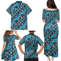 Polynesian Monstera Tiare Floral Family Matching Puletasi and Hawaiian Shirt Dark Teal Tropical Plaid LT01 - Polynesian Pride