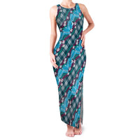 Polynesian Monstera Tiare Floral Family Matching Tank Maxi Dress and Hawaiian Shirt Dark Teal Tropical Plaid LT01 Mom's Dress Teal - Polynesian Pride