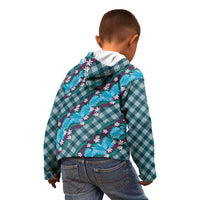 Polynesian Monstera Tiare Floral Kid Hoodie Dark Teal Tropical Plaid - Polynesian Pride