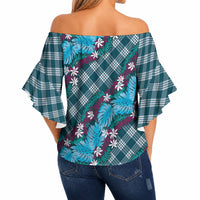 Polynesian Monstera Tiare Floral Off Shoulder Wrap Waist Top Dark Teal Tropical Plaid LT01 - Polynesian Pride