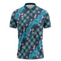 Polynesian Monstera Tiare Floral Zipper Polo Shirt Dark Teal Tropical Plaid - Polynesian Pride