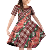 Polynesian Monstera Tiare Floral Family Matching Off Shoulder Short Dress and Hawaiian Shirt Burgundy Tropical Plaid LT01 Daughter's Dress Red - Polynesian Pride