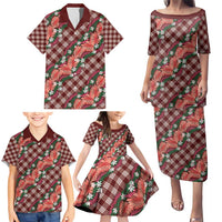 Polynesian Monstera Tiare Floral Family Matching Puletasi and Hawaiian Shirt Burgundy Tropical Plaid LT01 - Polynesian Pride