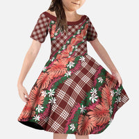 Polynesian Monstera Tiare Floral Family Matching Short Sleeve Bodycon Dress and Hawaiian Shirt Burgundy Tropical Plaid LT01 Daughter's Dress Red - Polynesian Pride