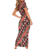 Polynesian Monstera Tiare Floral Short Sleeve Bodycon Dress Burgundy Tropical Plaid - Polynesian Pride