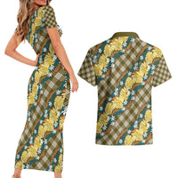 Polynesian Monstera Tiare Floral Couples Matching Short Sleeve Bodycon Dress and Hawaiian Shirt Yellow Tropical Plaid LT01 - Polynesian Pride