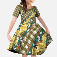 Polynesian Monstera Tiare Floral Family Matching Off Shoulder Maxi Dress and Hawaiian Shirt Yellow Tropical Plaid LT01 Daughter's Dress Yellow - Polynesian Pride