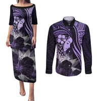 Polynesian Women Day 2024 Couples Matching Puletasi and Long Sleeve Button Shirt Hibiscus Girl Tribal LT01 Purple - Polynesian Pride