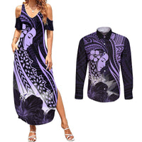 Polynesian Women Day 2024 Couples Matching Summer Maxi Dress and Long Sleeve Button Shirt Hibiscus Girl Tribal LT01 Purple - Polynesian Pride