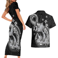 Hawaii Mermaid Monotone Couples Matching Short Sleeve Bodycon Dress and Hawaiian Shirt Polynesian Pattern Fish Hook
