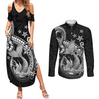 Hawaii Mermaid Monotone Couples Matching Summer Maxi Dress and Long Sleeve Button Shirt Polynesian Pattern Fish Hook