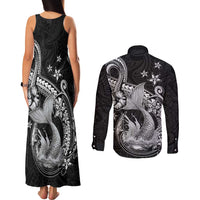 Hawaii Mermaid Monotone Couples Matching Tank Maxi Dress and Long Sleeve Button Shirt Polynesian Pattern Fish Hook