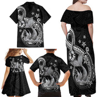Hawaii Mermaid Monotone Family Matching Off Shoulder Maxi Dress and Hawaiian Shirt Polynesian Pattern Fish Hook
