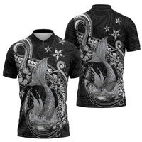 Hawaii Mermaid Monotone Zipper Polo Shirt Polynesian Pattern Fish Hook