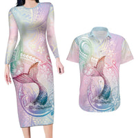 Hawaii Mermaid Sweet Pastel Couples Matching Long Sleeve Bodycon Dress and Hawaiian Shirt Polynesian Pattern Fish Hook