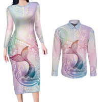 Hawaii Mermaid Sweet Pastel Couples Matching Long Sleeve Bodycon Dress and Long Sleeve Button Shirt Polynesian Pattern Fish Hook