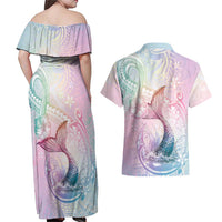 Hawaii Mermaid Sweet Pastel Couples Matching Off Shoulder Maxi Dress and Hawaiian Shirt Polynesian Pattern Fish Hook