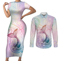Hawaii Mermaid Sweet Pastel Couples Matching Short Sleeve Bodycon Dress and Long Sleeve Button Shirt Polynesian Pattern Fish Hook