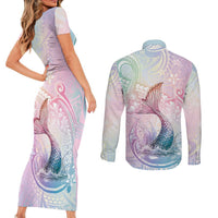 Hawaii Mermaid Sweet Pastel Couples Matching Short Sleeve Bodycon Dress and Long Sleeve Button Shirt Polynesian Pattern Fish Hook