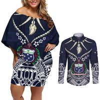 Samoa Independence Day Couples Matching Off Shoulder Short Dress and Long Sleeve Button Shirt Ula Nifo Mix Turtle LT01 Blue - Polynesian Pride