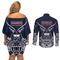 Samoa Independence Day Couples Matching Off Shoulder Short Dress and Long Sleeve Button Shirt Ula Nifo Mix Turtle LT01 - Polynesian Pride