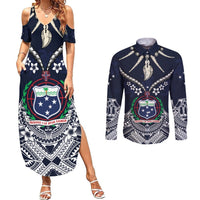 Samoa Independence Day Couples Matching Summer Maxi Dress and Long Sleeve Button Shirt Ula Nifo Mix Turtle LT01 Blue - Polynesian Pride