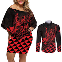Personalized King Kamehameha Day Couples Matching Off Shoulder Short Dress and Long Sleeve Button Shirt Kakau Polynesian Pattern LT01 Red - Polynesian Pride
