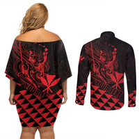 Personalized King Kamehameha Day Couples Matching Off Shoulder Short Dress and Long Sleeve Button Shirt Kakau Polynesian Pattern LT01 - Polynesian Pride