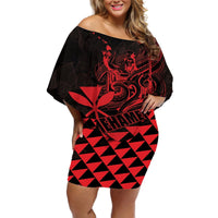 Personalized King Kamehameha Day Off Shoulder Short Dress Kakau Polynesian Pattern LT01 Women Red - Polynesian Pride