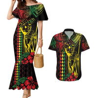 King Kamehameha Day Couples Matching Mermaid Dress and Hawaiian Shirt Hawaii Kakau Reggae LT01 Black - Polynesian Pride