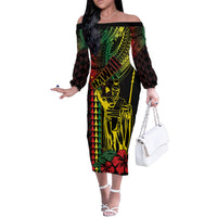 King Kamehameha Day Family Matching Off The Shoulder Long Sleeve Dress and Hawaiian Shirt Hawaii Kakau Reggae LT01 Mom's Dress Black - Polynesian Pride