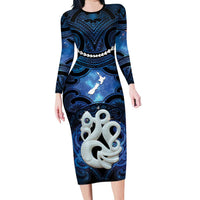 Personalized Maori Matariki Manaia Family Matching Long Sleeve Bodycon Dress and Hawaiian Shirt Maori Kowhaiwhai Pattern Galaxy LT01 Mom's Dress Blue - Polynesian Pride