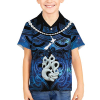 Personalized Maori Matariki Manaia Family Matching Off The Shoulder Long Sleeve Dress and Hawaiian Shirt Maori Kowhaiwhai Pattern Galaxy LT01 Son's Shirt Blue - Polynesian Pride