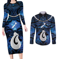 Personalized Maori Matariki Hei Matau Couples Matching Long Sleeve Bodycon Dress and Long Sleeve Button Shirt Maori Kowhaiwhai Pattern Galaxy