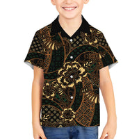 Indonesian Batik Pattern Vintage Brown Family Matching Off The Shoulder Long Sleeve Dress and Hawaiian Shirt